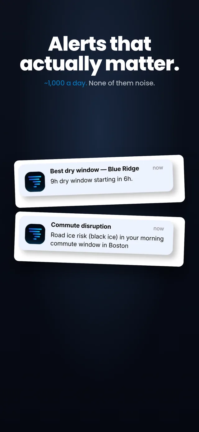 Two WeatherX notifications: a nine-hour dry window starting in six hours, and black-ice risk flagged in a morning commute window